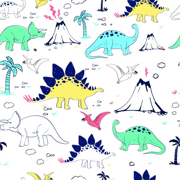 Behang Voor Kinderen, Dinosaurussen, Palmbomen, Vulkaan - Afbeelding 2