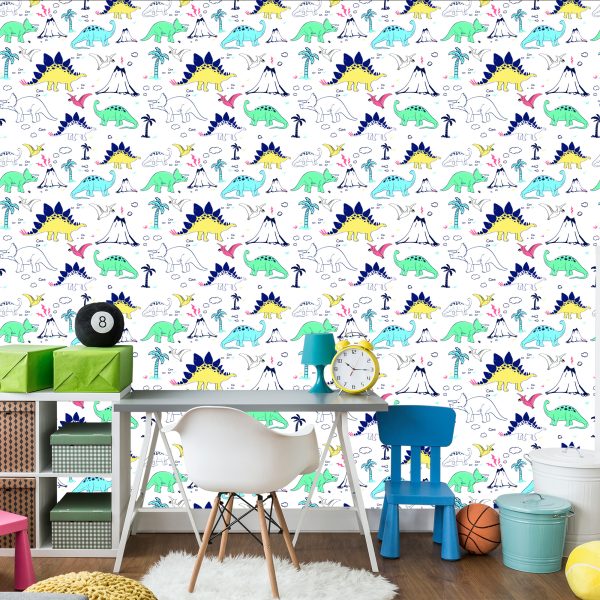 Behang Voor Kinderen, Dinosaurussen, Palmbomen, Vulkaan - Afbeelding 4