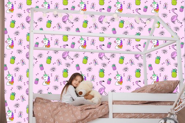Behang Voor Kinderen, Eenhoorns En Vrienden Op Een Gekleurde Achtergrond - Afbeelding 7