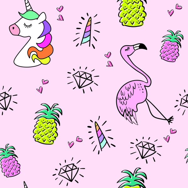 Behang Voor Kinderen, Eenhoorns En Vrienden Op Een Gekleurde Achtergrond - Afbeelding 2