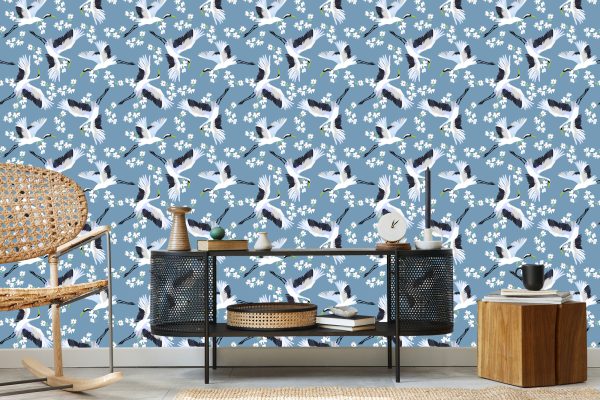 Behang Vliegende Kranen Tussen Bloemen - Afbeelding 5