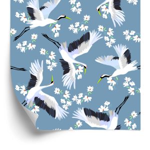 Behang Vliegende Kranen Tussen Bloemen