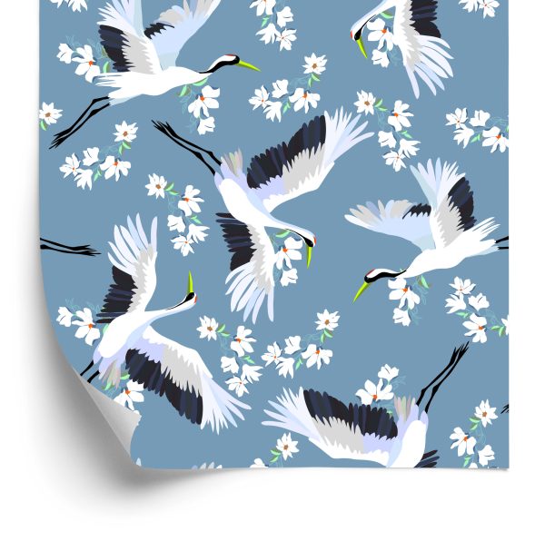 Behang Vliegende Kranen Tussen Bloemen