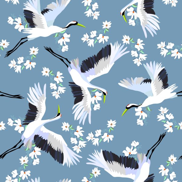Behang Vliegende Kranen Tussen Bloemen - Afbeelding 2