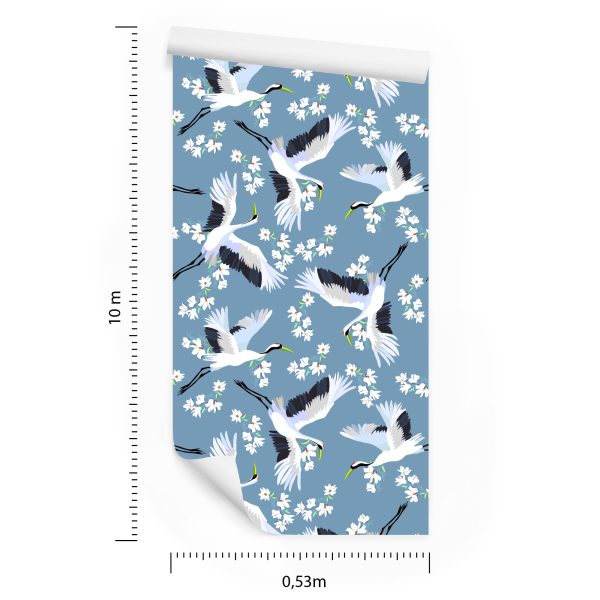 Behang Vliegende Kranen Tussen Bloemen - Afbeelding 8