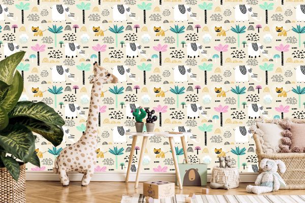 Behang Safari Lions Pastelbomen Jongenskamer - Afbeelding 5