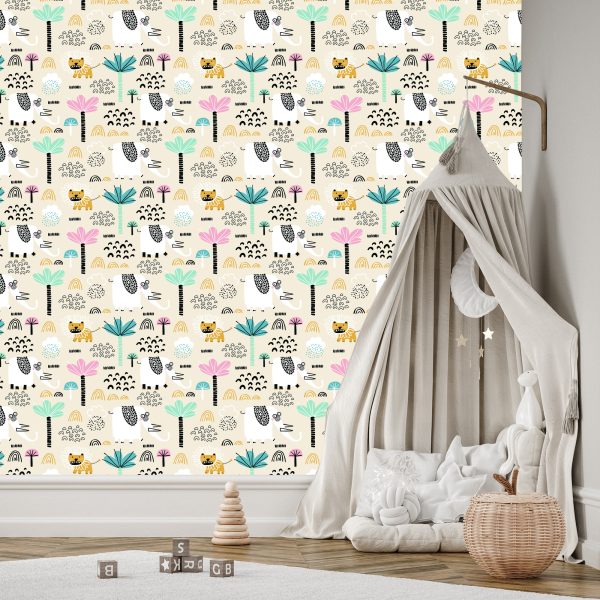 Behang Safari Lions Pastelbomen Jongenskamer - Afbeelding 3