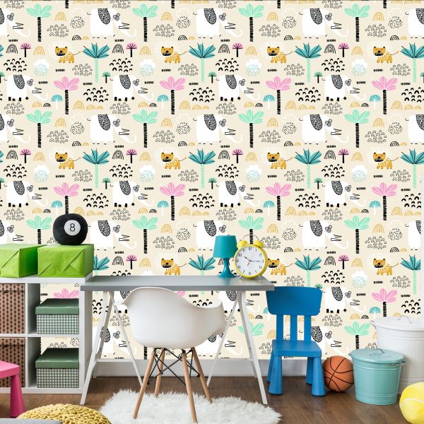 Behang Safari Lions Pastelbomen Jongenskamer - Afbeelding 4