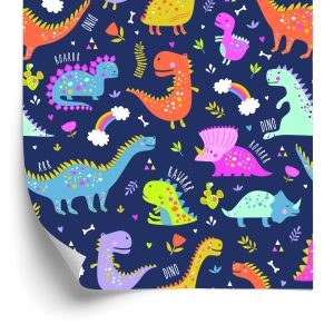 Behang Regenboogcactussen-Dinosaurussen Voor De Kinderkamer