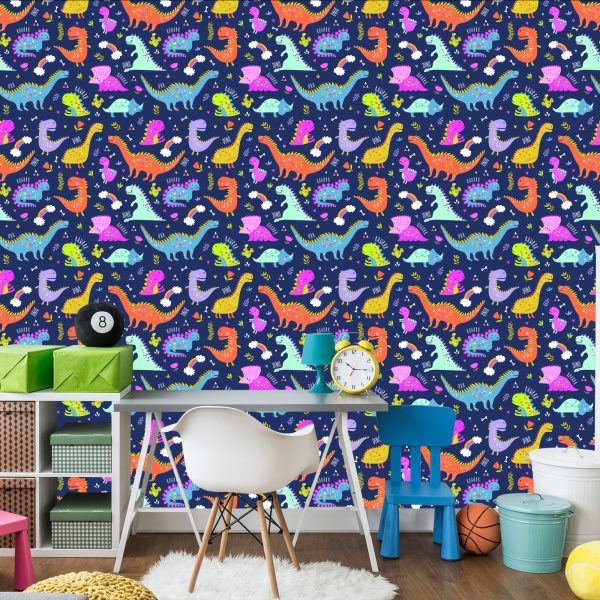 Behang Regenboogcactussen-Dinosaurussen Voor De Kinderkamer - Afbeelding 4