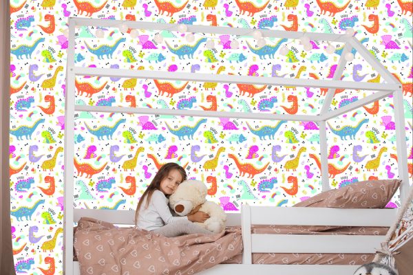 Behang Voor Kinderen Regenboog En Wolken Kleurrijke Dinosaurussen - Afbeelding 7