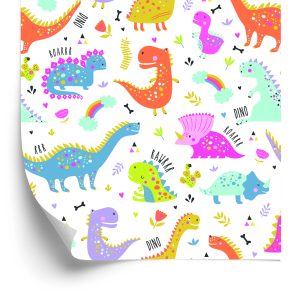 Behang Voor Kinderen Regenboog En Wolken Kleurrijke Dinosaurussen