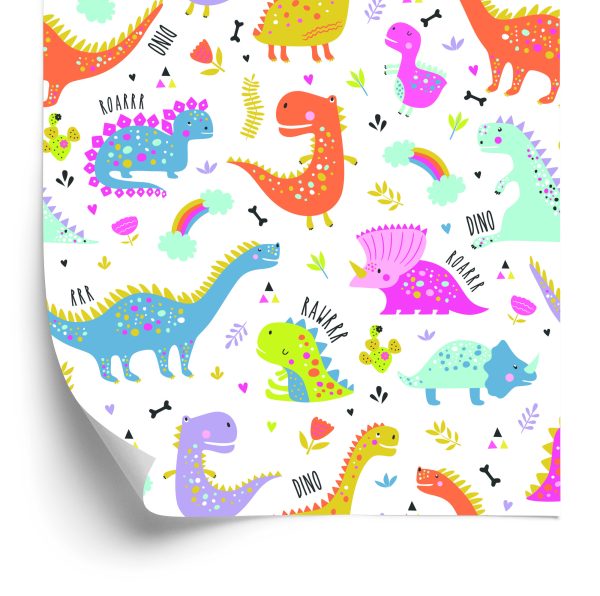 Behang Voor Kinderen Regenboog En Wolken Kleurrijke Dinosaurussen