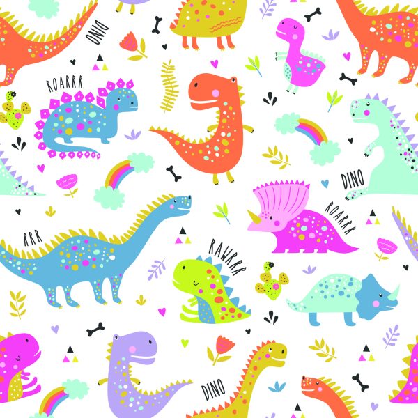Behang Voor Kinderen Regenboog En Wolken Kleurrijke Dinosaurussen - Afbeelding 2