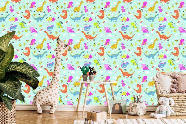 Behang Voor Kinderen: Kleurrijke Regenboogcactussen-Dinosaurussen - Afbeelding 5