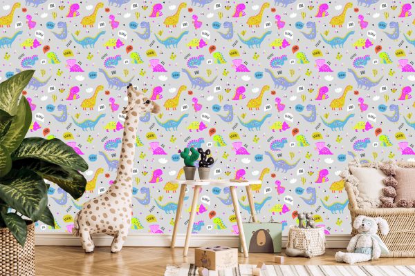 Behang Voor Kinderen Kleurrijke Natuur Bloemen Dinosaurussen - Afbeelding 5