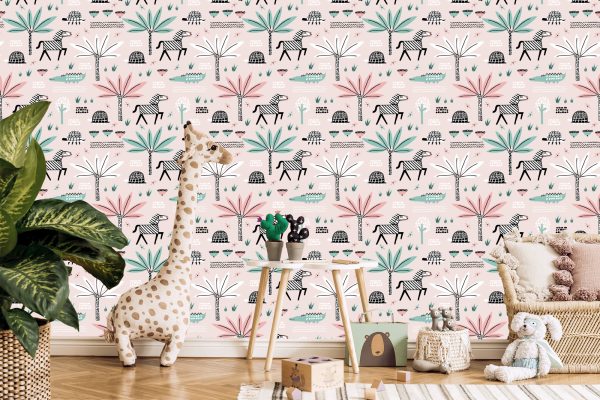Behang Voor Meisjes Pastel Dieren, Palmbomen - Afbeelding 5
