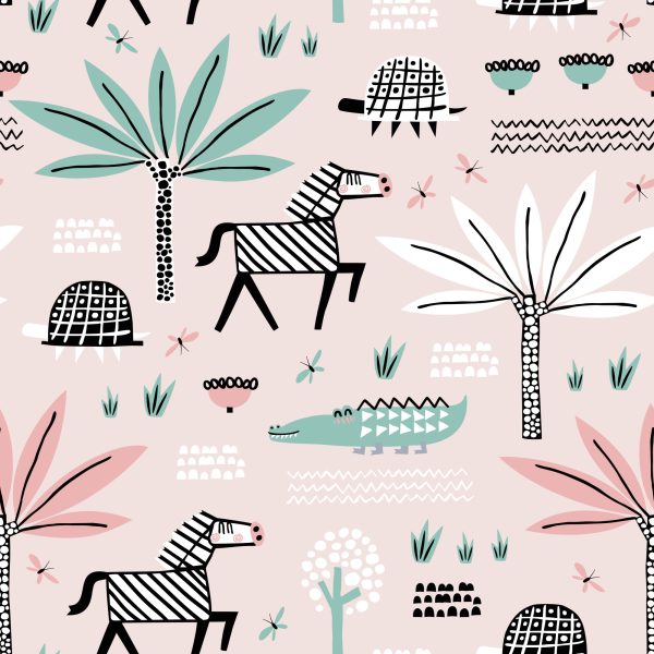 Behang Voor Meisjes Pastel Dieren, Palmbomen - Afbeelding 2