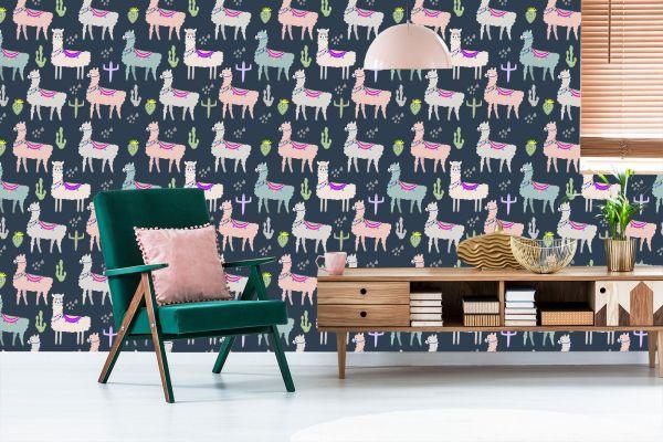 Behang Dieren, Planten, Kinderkamer Met Lama's - Afbeelding 6