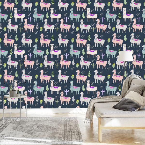 Behang Dieren, Planten, Kinderkamer Met Lama's - Afbeelding 3