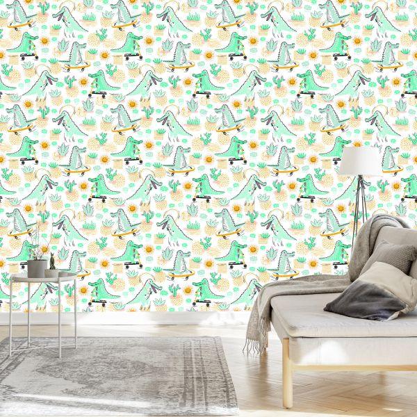 Behang Voor Babykamer Krokodillen, Planten, Zon. - Afbeelding 3