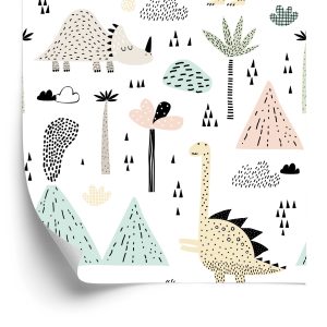 Behang Voor Jongens Dinosaurussen Palmboom Wolken