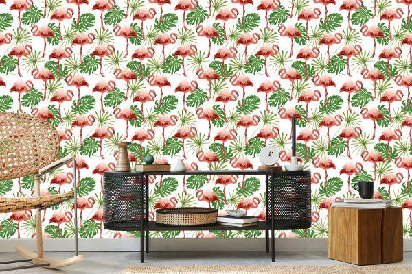 Behang In Flamingo's Bladeren In Groene Natuur Slaapkamer - Afbeelding 5