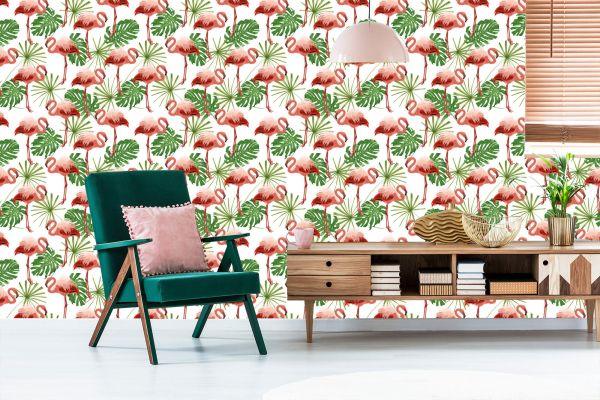 Behang In Flamingo's Bladeren In Groene Natuur Slaapkamer - Afbeelding 6