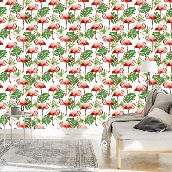 Behang In Flamingo's Bladeren In Groene Natuur Slaapkamer - Afbeelding 3