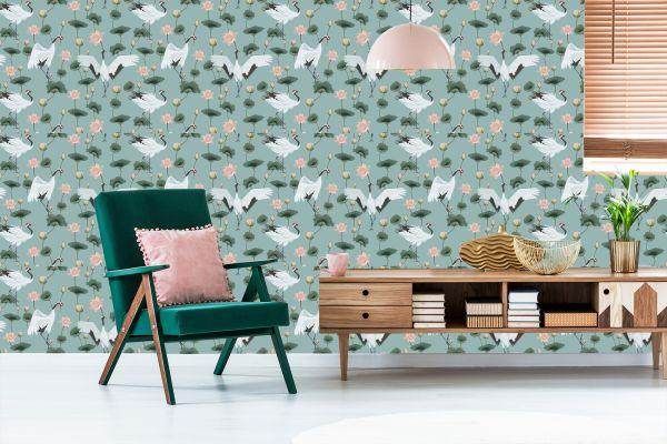 Behang Prachtige Kranen En Bloemen - Afbeelding 6