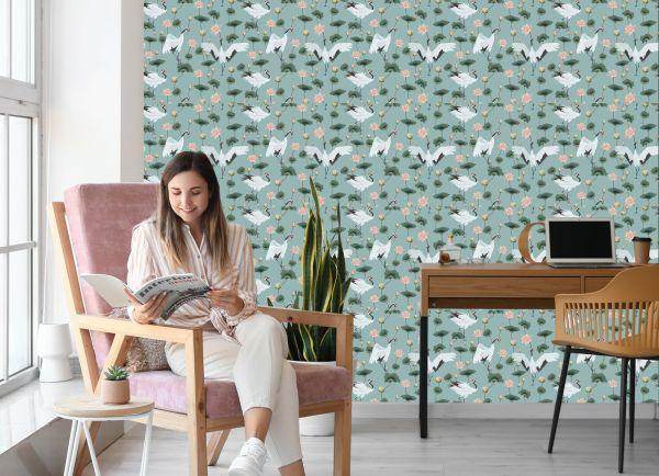 Behang Prachtige Kranen En Bloemen - Afbeelding 7