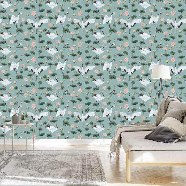 Behang Prachtige Kranen En Bloemen - Afbeelding 3