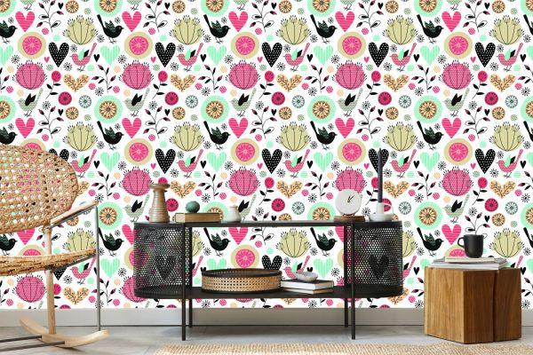 Behang Plant Vogels En Harten In Retrostijl - Afbeelding 5
