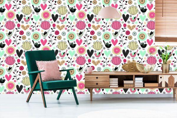 Behang Plant Vogels En Harten In Retrostijl - Afbeelding 6