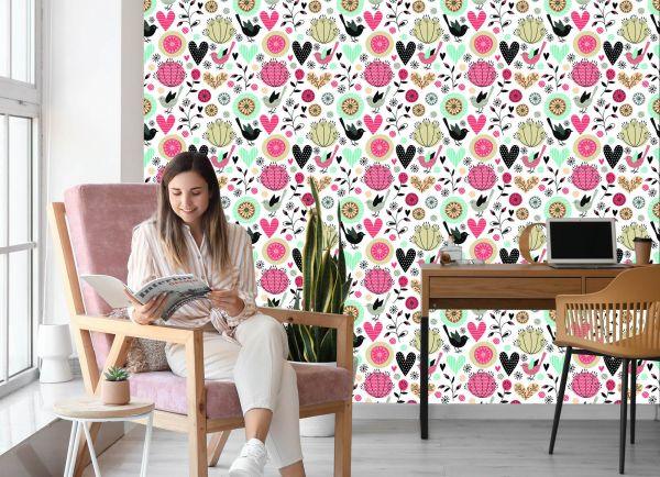 Behang Plant Vogels En Harten In Retrostijl - Afbeelding 7
