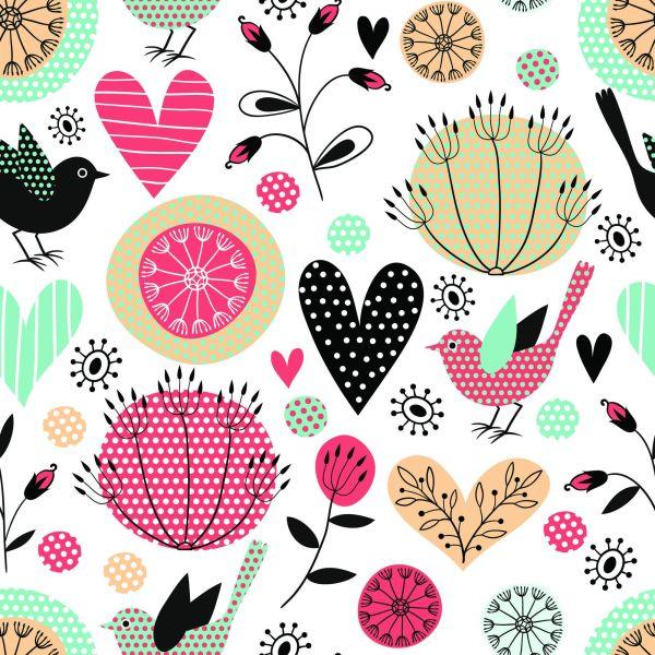 Behang Plant Vogels En Harten In Retrostijl - Afbeelding 2
