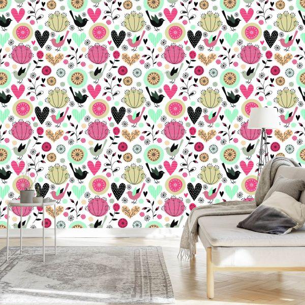 Behang Plant Vogels En Harten In Retrostijl - Afbeelding 3