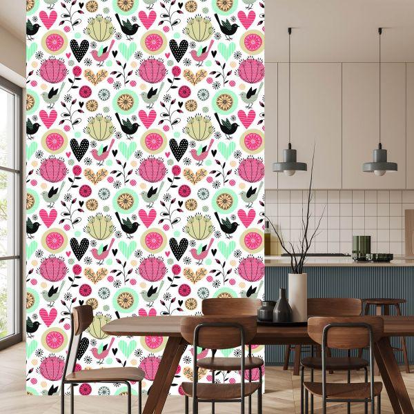 Behang Plant Vogels En Harten In Retrostijl - Afbeelding 4