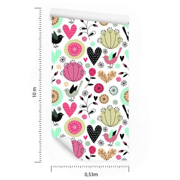 Behang Plant Vogels En Harten In Retrostijl - Afbeelding 8