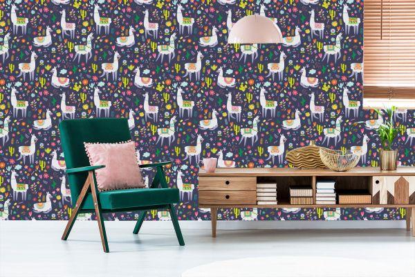 Behang Cactus Planten Kinderkamer Met Lama's - Afbeelding 6