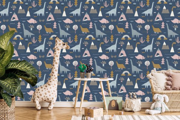 Behang Kinderen Kleurrijke Dinosaurussen Regenboog Wolken - Afbeelding 5