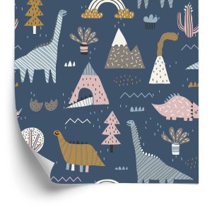 Behang Kinderen Kleurrijke Dinosaurussen Regenboog Wolken