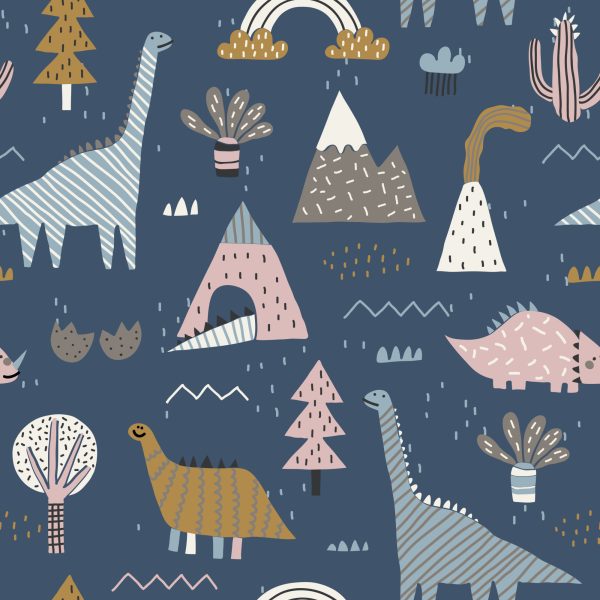 Behang Kinderen Kleurrijke Dinosaurussen Regenboog Wolken - Afbeelding 2