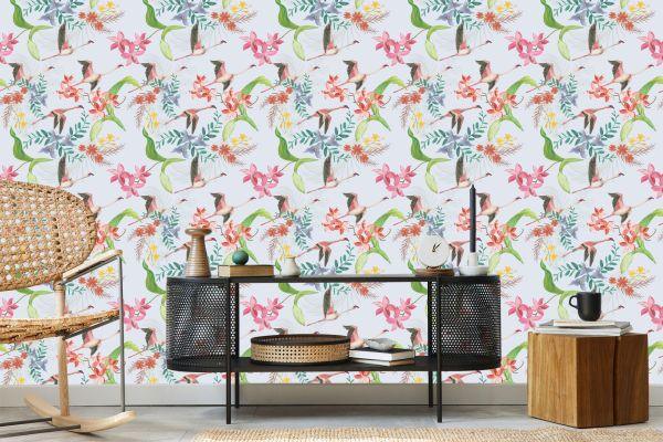 Behang Vliegende Kranen En Bloemen - Afbeelding 5