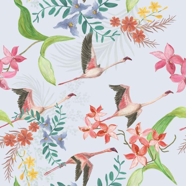 Behang Vliegende Kranen En Bloemen - Afbeelding 2