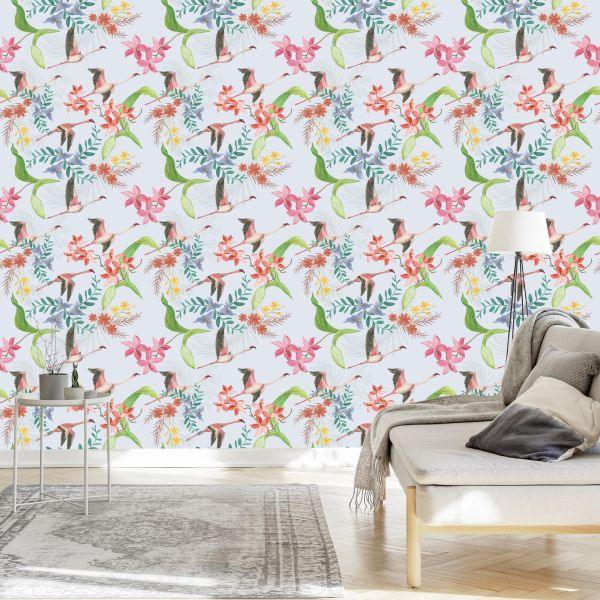 Behang Vliegende Kranen En Bloemen - Afbeelding 3