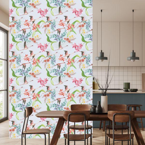 Behang Vliegende Kranen En Bloemen - Afbeelding 4