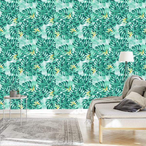 Behang Bladeren En Delicate Bloemen - Afbeelding 3