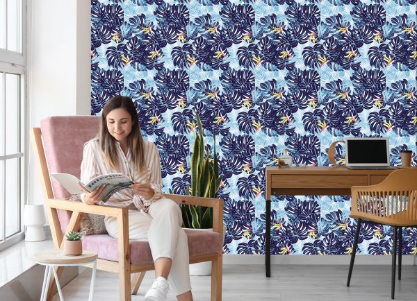 Behang Bladeren In Blauwtinten - Afbeelding 7