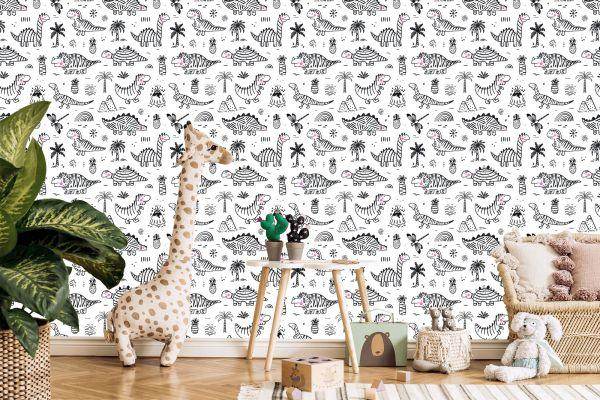 Behang Voor Kinderen, Dinosaurussen, Boombergen, Bloemen - Afbeelding 5
